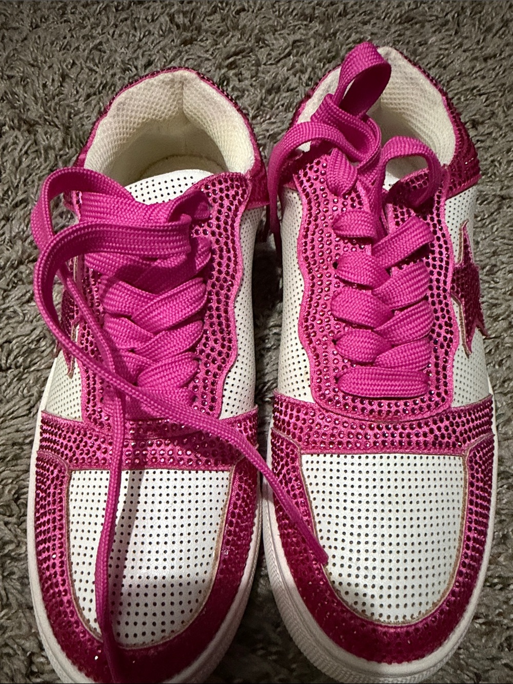Women's White Sneakers with Hot Pink Accents and Rhinestones
